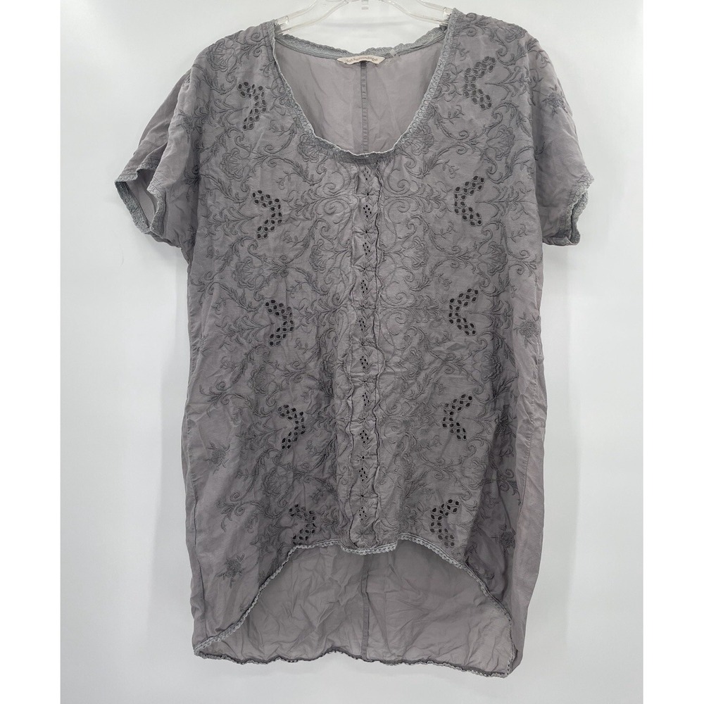 Soft Surroundings Womens Gray Short Sleeve High Low Embroidered Pullover Top Med